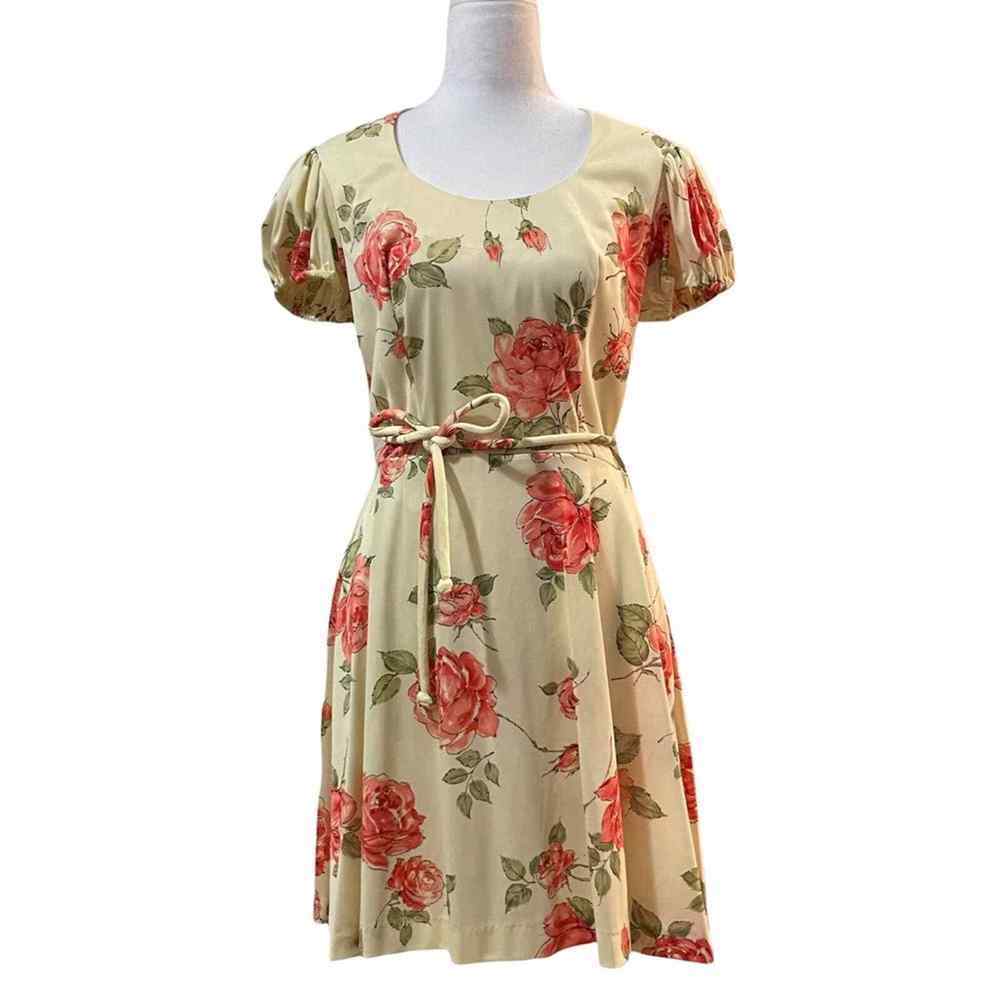 Corky Craig California 1960s Vintage Yellow Large Botanical Rose Floral Dress